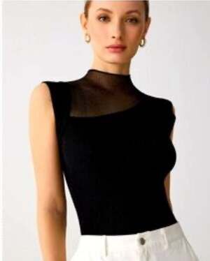 Women’s Commense Asymmetrical Black  Mesh Patchwork Sleeveless Top Size S